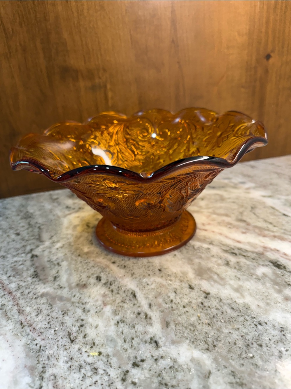 Amber Scalloped Glass Pedestal Bowl - Decorative Home Accent